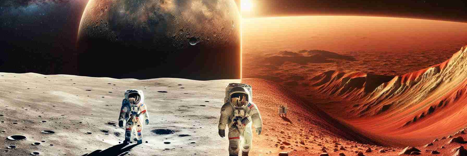 An intricately detailed and realistic high-definition image showcasing the transition of human space exploration from the moon to Mars. The first half should depict an astronaut in a historical spacesuit walking on the moon's crater-filled landscape, with the Earth visible in the dark cosmos overhead. The second half should show another astronaut, this time in a modern spacesuit, navigating the reddish, rocky terrain of Mars, with a glimpse of the sun setting over Olympus Mons, Mars's highest peak, in the backdrop.