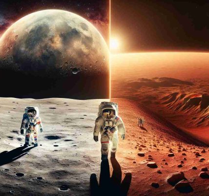 An intricately detailed and realistic high-definition image showcasing the transition of human space exploration from the moon to Mars. The first half should depict an astronaut in a historical spacesuit walking on the moon's crater-filled landscape, with the Earth visible in the dark cosmos overhead. The second half should show another astronaut, this time in a modern spacesuit, navigating the reddish, rocky terrain of Mars, with a glimpse of the sun setting over Olympus Mons, Mars's highest peak, in the backdrop.