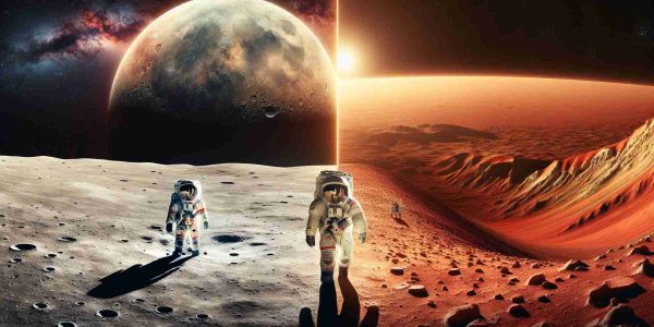 An intricately detailed and realistic high-definition image showcasing the transition of human space exploration from the moon to Mars. The first half should depict an astronaut in a historical spacesuit walking on the moon's crater-filled landscape, with the Earth visible in the dark cosmos overhead. The second half should show another astronaut, this time in a modern spacesuit, navigating the reddish, rocky terrain of Mars, with a glimpse of the sun setting over Olympus Mons, Mars's highest peak, in the backdrop.