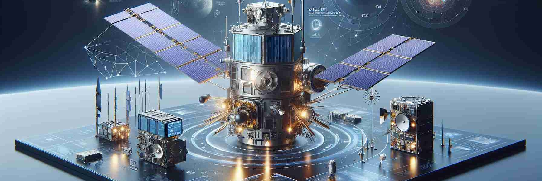 Create a realistic HD image of future trends and growth in satellite payloads. This image should depict various satellite components, including transponders, antennas, radars, and power sources. Satellite images should demonstrate advancements in technology, with payloads highlighting an increase in capacity and efficiency. There should also be visual indicators of growth, possibly in the form of charts, diagrams or infographics next to these satellite models. The composition could be set against a space backdrop to add context.