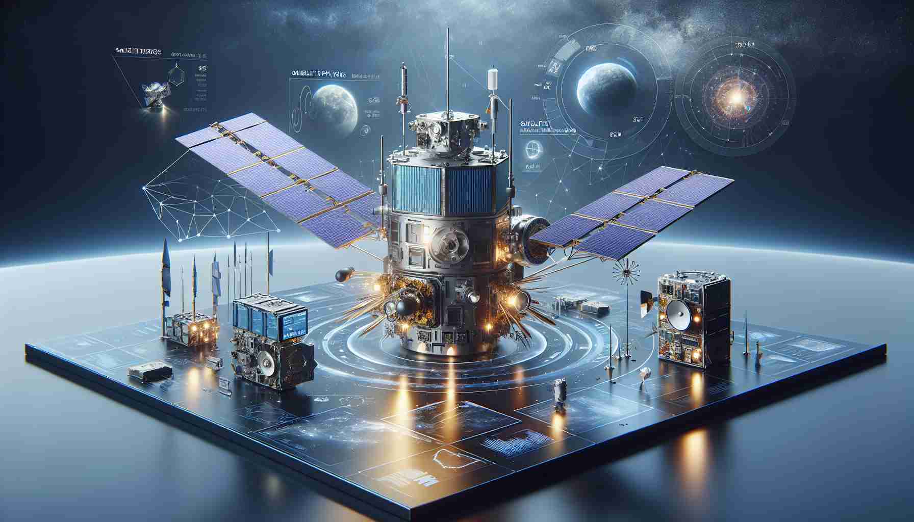 Create a realistic HD image of future trends and growth in satellite payloads. This image should depict various satellite components, including transponders, antennas, radars, and power sources. Satellite images should demonstrate advancements in technology, with payloads highlighting an increase in capacity and efficiency. There should also be visual indicators of growth, possibly in the form of charts, diagrams or infographics next to these satellite models. The composition could be set against a space backdrop to add context.