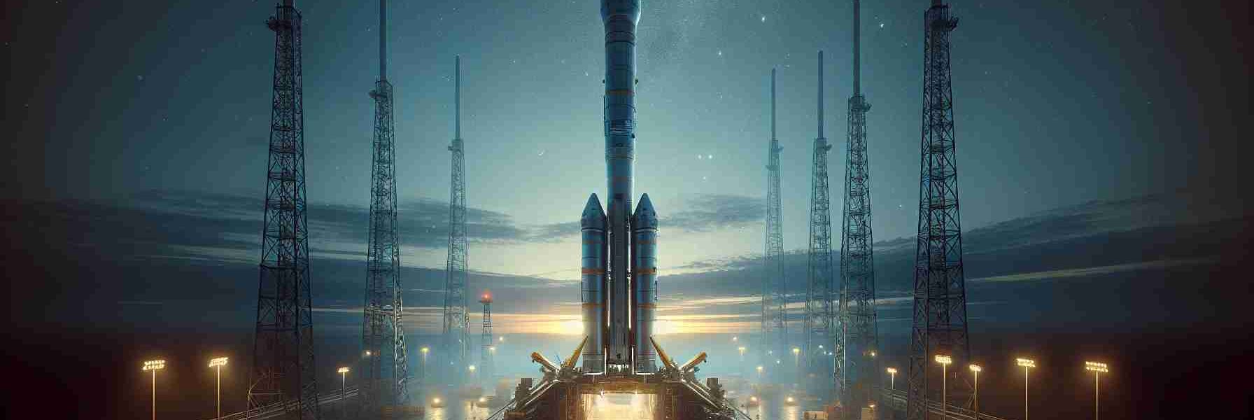 A high-definition, ultra-realistic illustration of a commercial space exploration company preparing for another satellite launch. The scene consists of a large rocket standing vertical on a launch pad surrounded by support structures, gantries, and service vehicles. The sky in the background is slowly lighting up with an approaching sunrise, creating a dramatic juxtaposition of nature's tranquility and humanity's strive for scientific advancement. Above the rocket, rendered in a slight perspective distortion, is an array of small, communication satellites waiting to be deployed into the twinkling stars above.