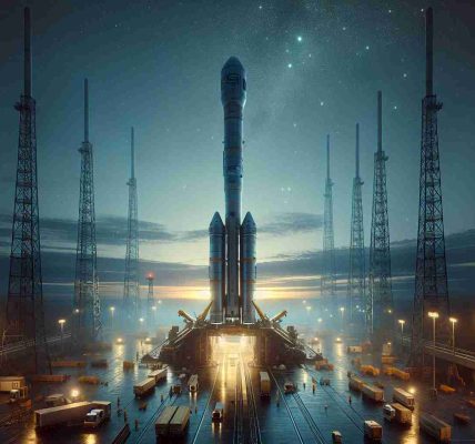 A high-definition, ultra-realistic illustration of a commercial space exploration company preparing for another satellite launch. The scene consists of a large rocket standing vertical on a launch pad surrounded by support structures, gantries, and service vehicles. The sky in the background is slowly lighting up with an approaching sunrise, creating a dramatic juxtaposition of nature's tranquility and humanity's strive for scientific advancement. Above the rocket, rendered in a slight perspective distortion, is an array of small, communication satellites waiting to be deployed into the twinkling stars above.