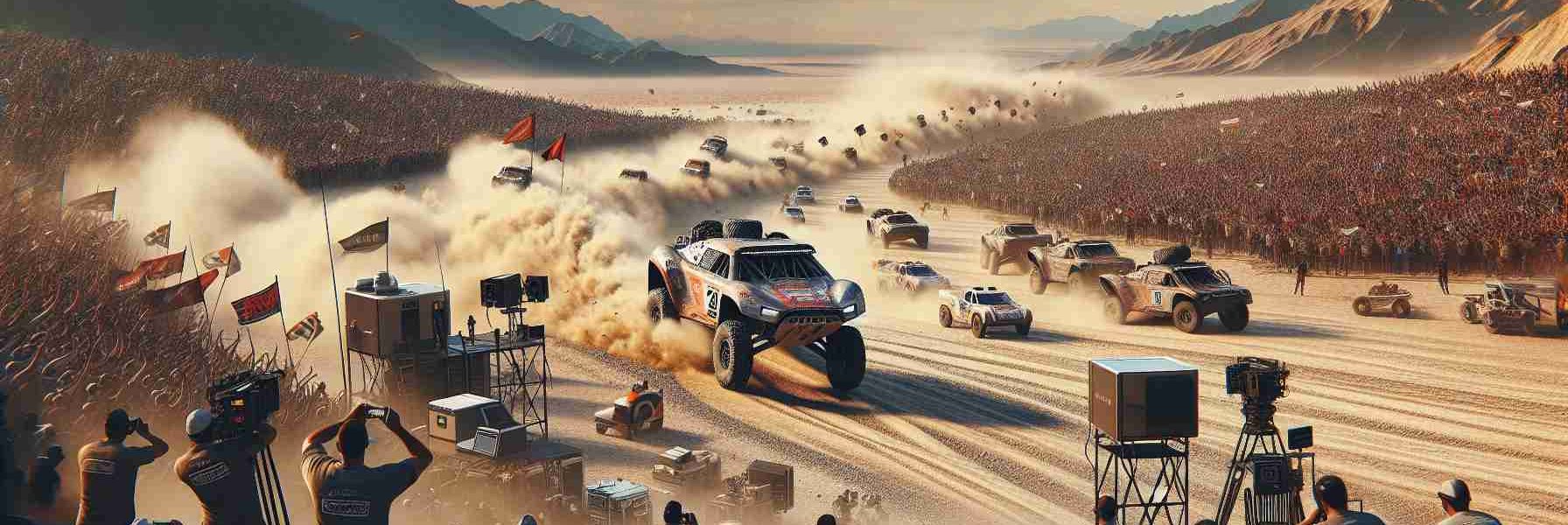 A high-quality digital rendering of a thrilling motorsport adventure, capturing the essence of the Baja 1000, a renowned desert race. The image should feature a high-speed off-road vehicle kicking up a cloud of dust as it traverses harsh, rugged terrain. Include supportive elements such as an array of cameras and broadcasting equipment indicating a live streaming event, and small clusters of excited fans, men and women of various descents cheering from a safe distance. The atmosphere should be action-packed, with clear skies above and the vast, unending desert stretching out in the background.