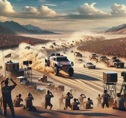 A high-quality digital rendering of a thrilling motorsport adventure, capturing the essence of the Baja 1000, a renowned desert race. The image should feature a high-speed off-road vehicle kicking up a cloud of dust as it traverses harsh, rugged terrain. Include supportive elements such as an array of cameras and broadcasting equipment indicating a live streaming event, and small clusters of excited fans, men and women of various descents cheering from a safe distance. The atmosphere should be action-packed, with clear skies above and the vast, unending desert stretching out in the background.