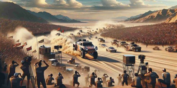 A high-quality digital rendering of a thrilling motorsport adventure, capturing the essence of the Baja 1000, a renowned desert race. The image should feature a high-speed off-road vehicle kicking up a cloud of dust as it traverses harsh, rugged terrain. Include supportive elements such as an array of cameras and broadcasting equipment indicating a live streaming event, and small clusters of excited fans, men and women of various descents cheering from a safe distance. The atmosphere should be action-packed, with clear skies above and the vast, unending desert stretching out in the background.