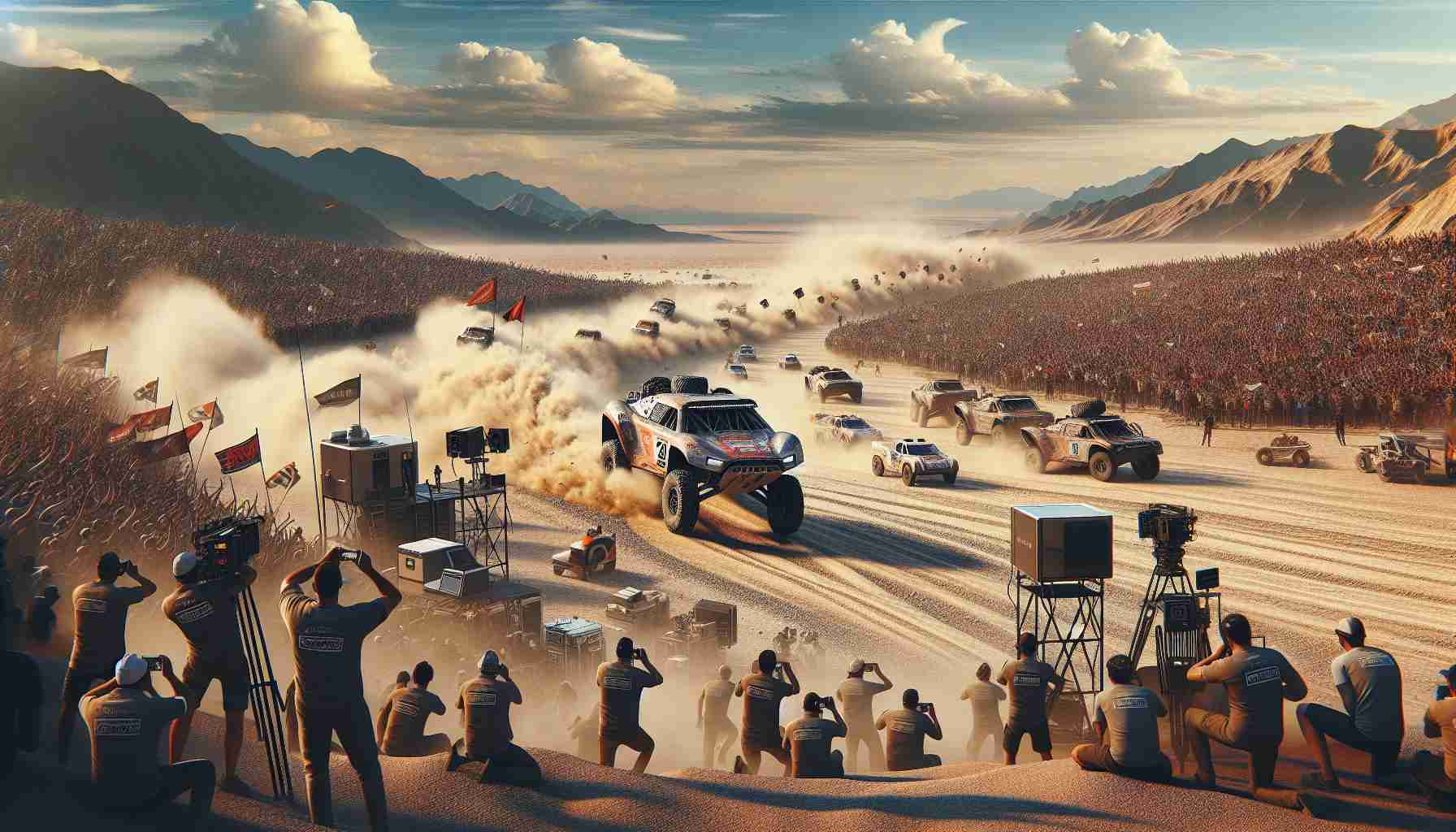 A high-quality digital rendering of a thrilling motorsport adventure, capturing the essence of the Baja 1000, a renowned desert race. The image should feature a high-speed off-road vehicle kicking up a cloud of dust as it traverses harsh, rugged terrain. Include supportive elements such as an array of cameras and broadcasting equipment indicating a live streaming event, and small clusters of excited fans, men and women of various descents cheering from a safe distance. The atmosphere should be action-packed, with clear skies above and the vast, unending desert stretching out in the background.