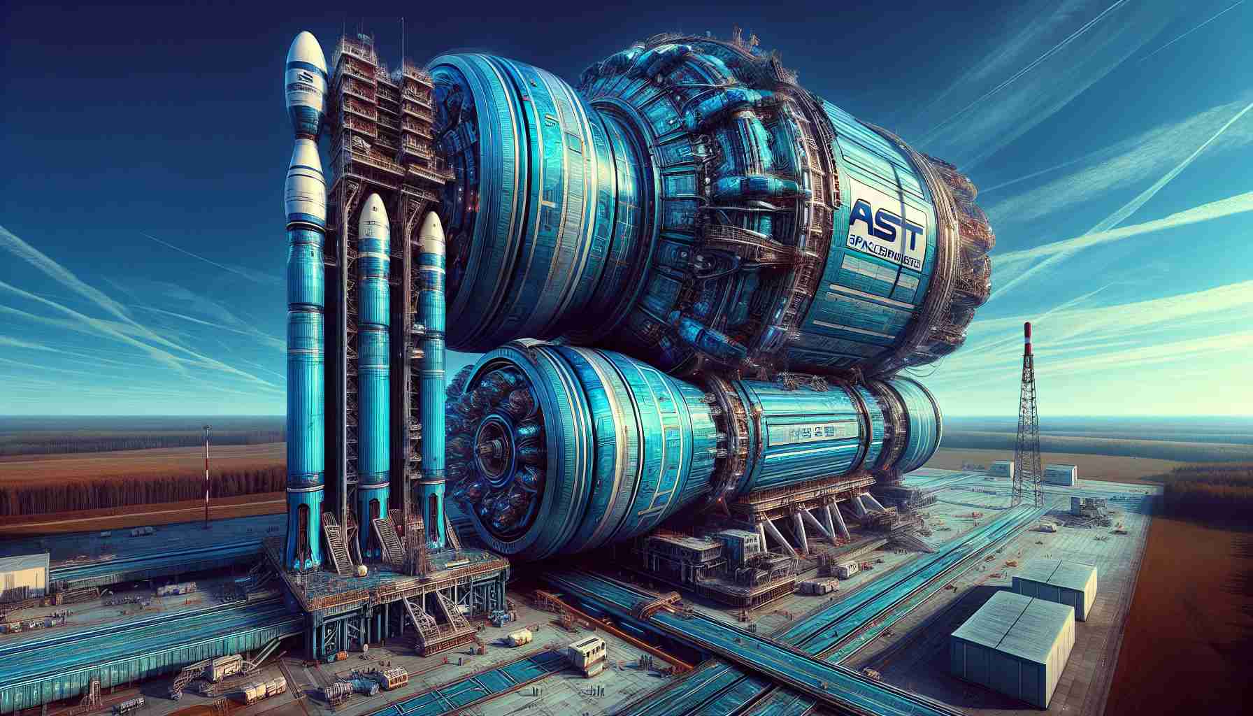 A vivid and high definition image depicting a hypothetical scene of a futuristic satellite, laden with high-tech facilities, preparing for launch. The satellite is shaped like a cylinder, beautifully painted in shades of cerulean with the letters 'AST SpaceMobile' glaring in white. The launch vehicle being used for this mission is the 'New Glenn', it's colossal structure dwarfing the neighboring facilities at the launch site. The paint job on 'New Glenn' contrasts with an even darker shade of cerulean, coupled with white patterns stretched along its body, standing imposingly under the azure sky.