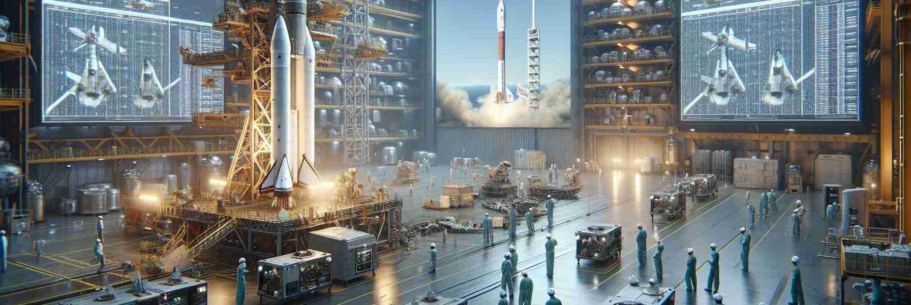 Realistic, high-definition image of an animated portrayal of the European space industry. This includes multiple spacecraft in a hangar, engineers in hardhats and jumpsuits inspecting the machinery, and large monitors displaying data and simulations in the background. The overall atmosphere is tense and somewhat urgent, reflecting the competitive pressures. In the distant sky outside the hangar, a slightly blurred rocket halfway into its ascension, representing SpaceX, serves as a metaphorical symbol of the challenge faced by the European space industry.