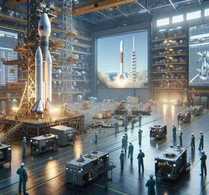 Realistic, high-definition image of an animated portrayal of the European space industry. This includes multiple spacecraft in a hangar, engineers in hardhats and jumpsuits inspecting the machinery, and large monitors displaying data and simulations in the background. The overall atmosphere is tense and somewhat urgent, reflecting the competitive pressures. In the distant sky outside the hangar, a slightly blurred rocket halfway into its ascension, representing SpaceX, serves as a metaphorical symbol of the challenge faced by the European space industry.