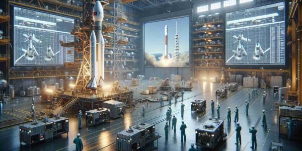 Realistic, high-definition image of an animated portrayal of the European space industry. This includes multiple spacecraft in a hangar, engineers in hardhats and jumpsuits inspecting the machinery, and large monitors displaying data and simulations in the background. The overall atmosphere is tense and somewhat urgent, reflecting the competitive pressures. In the distant sky outside the hangar, a slightly blurred rocket halfway into its ascension, representing SpaceX, serves as a metaphorical symbol of the challenge faced by the European space industry.