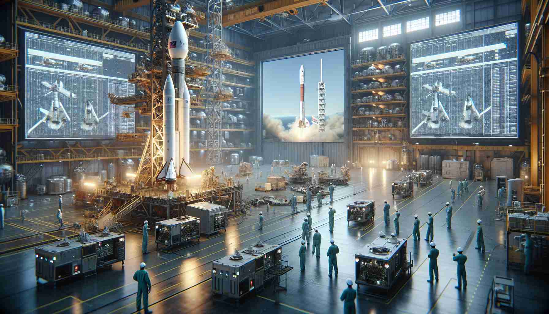 Realistic, high-definition image of an animated portrayal of the European space industry. This includes multiple spacecraft in a hangar, engineers in hardhats and jumpsuits inspecting the machinery, and large monitors displaying data and simulations in the background. The overall atmosphere is tense and somewhat urgent, reflecting the competitive pressures. In the distant sky outside the hangar, a slightly blurred rocket halfway into its ascension, representing SpaceX, serves as a metaphorical symbol of the challenge faced by the European space industry.