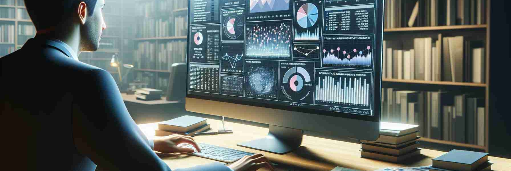 A detailed realistic depiction of a person analyzing charts and data on a computer screen. The screen displays statistics and information aimed at debunking common conspiracy theories related to elections. The surrounding environment suggests a professional setting, filled with books and reports on past elections. Isolated from the context, the entire scene is bathed with soft lighting that underscores the seriousness and importance of the task at hand.