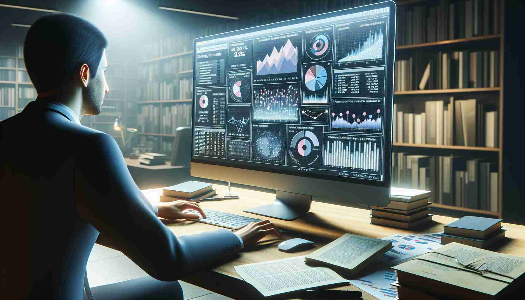 A detailed realistic depiction of a person analyzing charts and data on a computer screen. The screen displays statistics and information aimed at debunking common conspiracy theories related to elections. The surrounding environment suggests a professional setting, filled with books and reports on past elections. Isolated from the context, the entire scene is bathed with soft lighting that underscores the seriousness and importance of the task at hand.