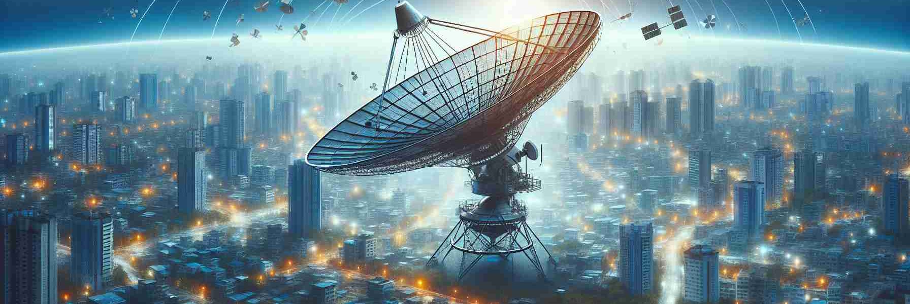 Create a high-definition, realistic picture of a satellite dish situated in the urban landscapes of India. The dish signifies a representation of a generic satellite internet service, and is aimed skywards, possibly catching the signals from numerous satellites orbiting the earth far above.