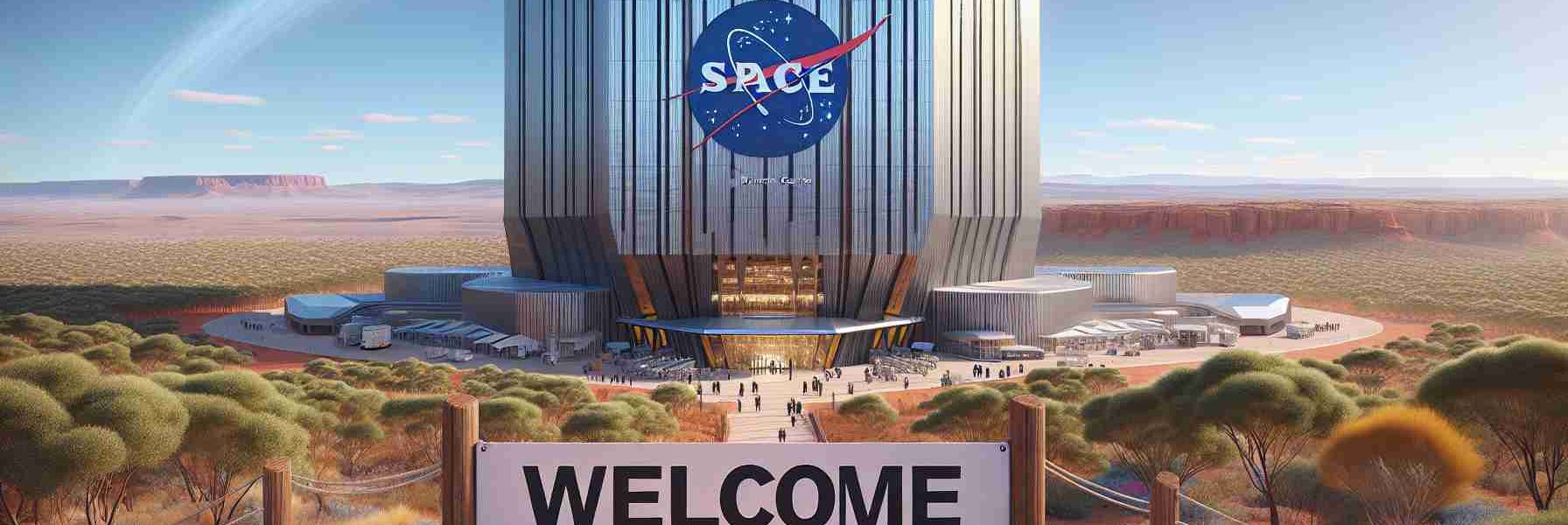 An artistic rendering of the opening of a new defense center dedicated to Space Cybersecurity in Australia. The center itself is a towering modern building, with a logo representing both space and cybersecurity prominently displayed. The word 'Welcome' is written in bold letters on a banner draped across the entrance. The landscape around the building is semi-arid and filled with native Australian flora, displaying the beauty of its unique environment. The sky is clear and blue, symbolizing a bright future for this endeavor.