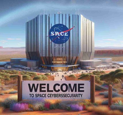 An artistic rendering of the opening of a new defense center dedicated to Space Cybersecurity in Australia. The center itself is a towering modern building, with a logo representing both space and cybersecurity prominently displayed. The word 'Welcome' is written in bold letters on a banner draped across the entrance. The landscape around the building is semi-arid and filled with native Australian flora, displaying the beauty of its unique environment. The sky is clear and blue, symbolizing a bright future for this endeavor.