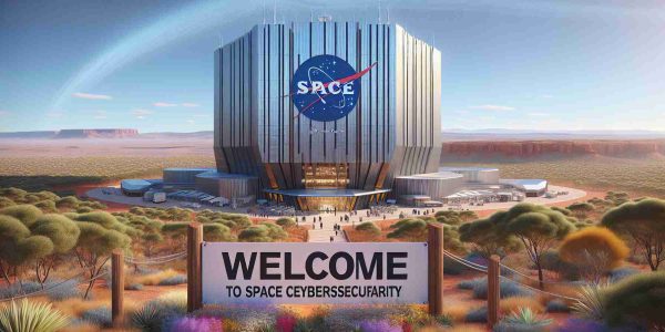 An artistic rendering of the opening of a new defense center dedicated to Space Cybersecurity in Australia. The center itself is a towering modern building, with a logo representing both space and cybersecurity prominently displayed. The word 'Welcome' is written in bold letters on a banner draped across the entrance. The landscape around the building is semi-arid and filled with native Australian flora, displaying the beauty of its unique environment. The sky is clear and blue, symbolizing a bright future for this endeavor.