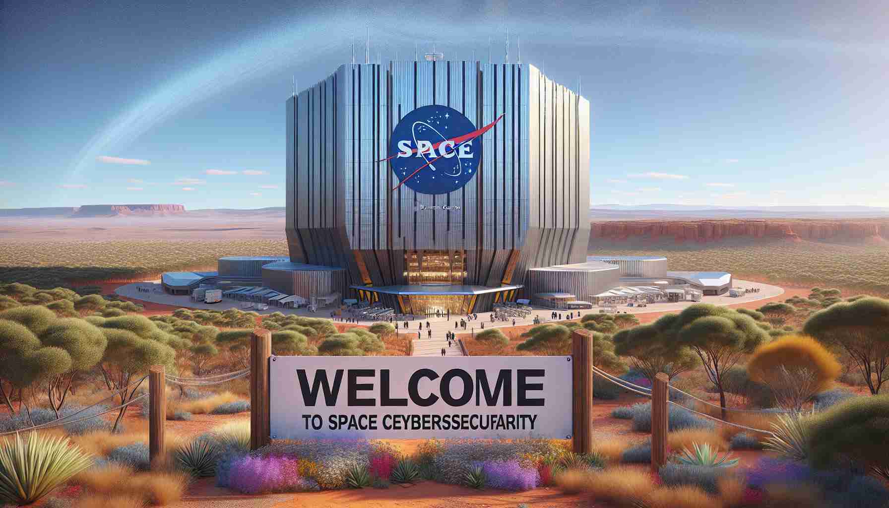 An artistic rendering of the opening of a new defense center dedicated to Space Cybersecurity in Australia. The center itself is a towering modern building, with a logo representing both space and cybersecurity prominently displayed. The word 'Welcome' is written in bold letters on a banner draped across the entrance. The landscape around the building is semi-arid and filled with native Australian flora, displaying the beauty of its unique environment. The sky is clear and blue, symbolizing a bright future for this endeavor.