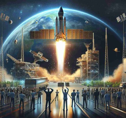 Create a high-definition, realistic image featuring the scene of a pioneering satellite launch. The satellite, exhibiting the latest and advanced technology, is being launched by a defense organization to expand its capabilities in space. Illustrated are also the spectators and employees present, excited and eager, witnessing the powerful moment of take-off. The environmental transition from earth to the black void of space is also captured.