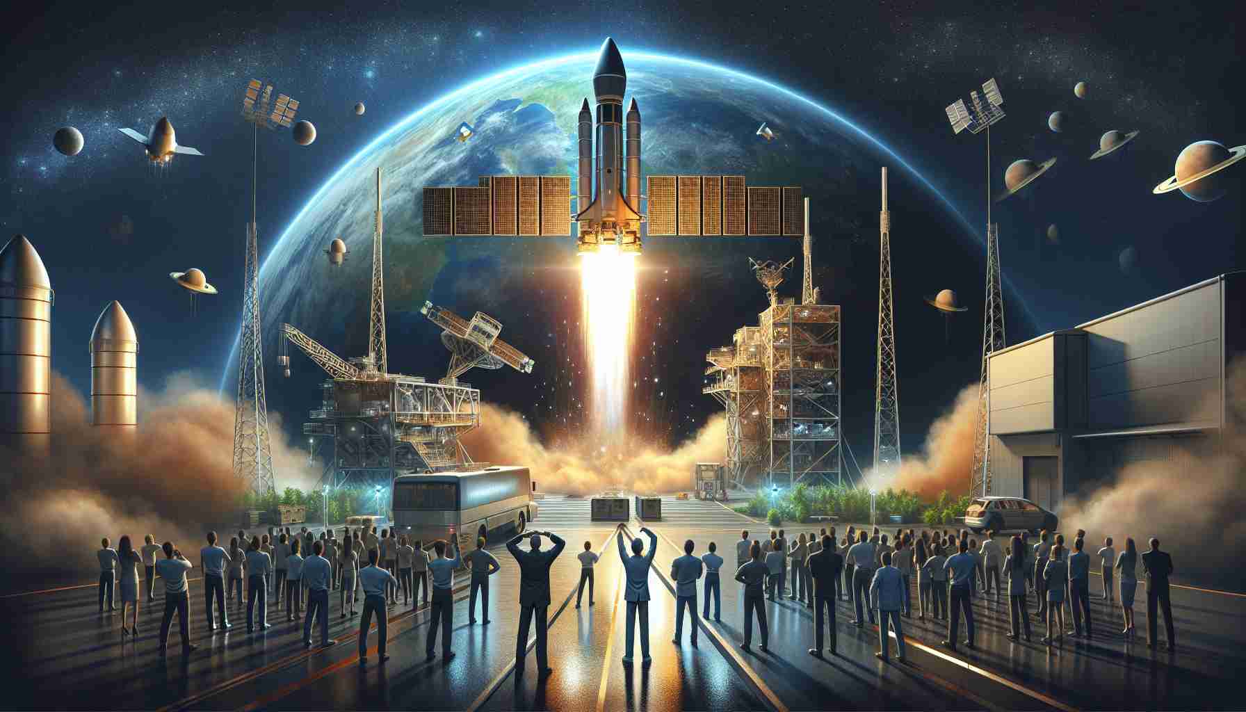 Create a high-definition, realistic image featuring the scene of a pioneering satellite launch. The satellite, exhibiting the latest and advanced technology, is being launched by a defense organization to expand its capabilities in space. Illustrated are also the spectators and employees present, excited and eager, witnessing the powerful moment of take-off. The environmental transition from earth to the black void of space is also captured.