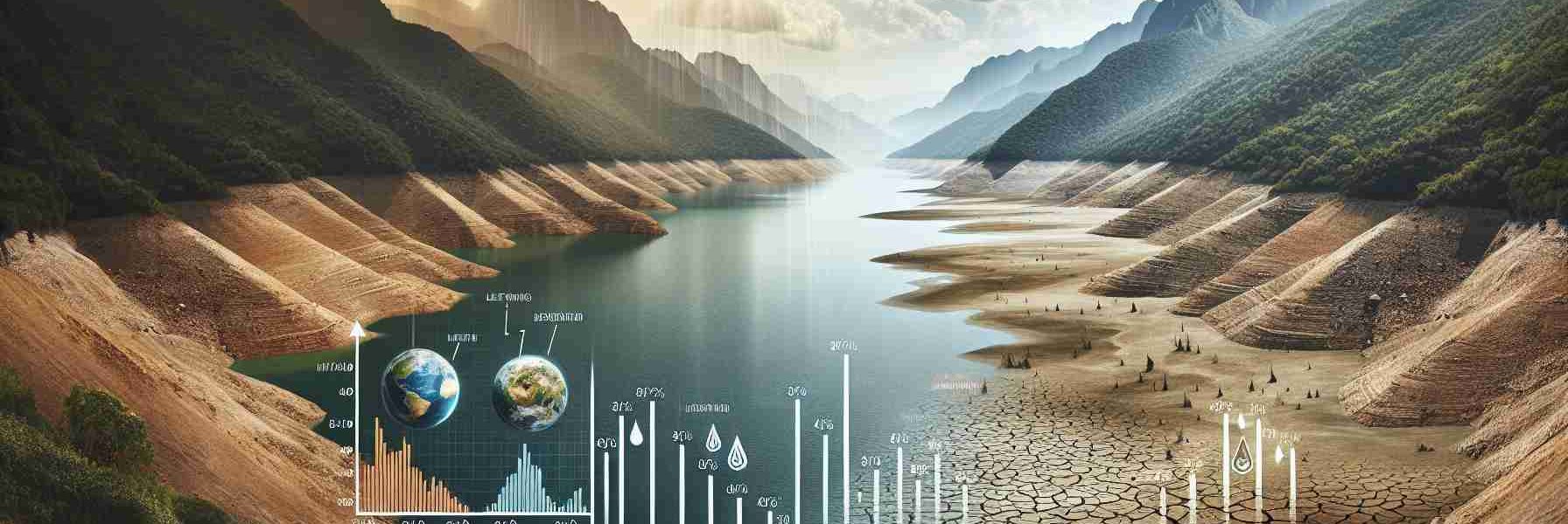 Create a realistic high-definition image that depicts the concept of a sharp decline in freshwater resources under a changing climate. Show an expansive lake that was once brimming with water, now partially dried up, revealing a vast expanse of parched earth. Illustrated infographics on one side showing the decrease in water levels over time. The environment should reflect a sense of rapid climate change, with a harsh sun position in a cloudy and stormy sky, unnaturally high temperatures, and a lack of foliage in the surroundings.