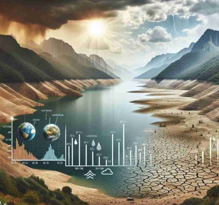 Create a realistic high-definition image that depicts the concept of a sharp decline in freshwater resources under a changing climate. Show an expansive lake that was once brimming with water, now partially dried up, revealing a vast expanse of parched earth. Illustrated infographics on one side showing the decrease in water levels over time. The environment should reflect a sense of rapid climate change, with a harsh sun position in a cloudy and stormy sky, unnaturally high temperatures, and a lack of foliage in the surroundings.