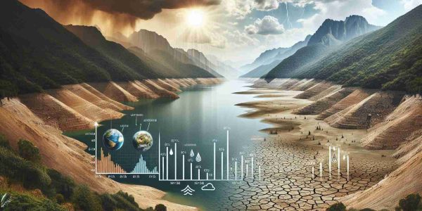 Create a realistic high-definition image that depicts the concept of a sharp decline in freshwater resources under a changing climate. Show an expansive lake that was once brimming with water, now partially dried up, revealing a vast expanse of parched earth. Illustrated infographics on one side showing the decrease in water levels over time. The environment should reflect a sense of rapid climate change, with a harsh sun position in a cloudy and stormy sky, unnaturally high temperatures, and a lack of foliage in the surroundings.