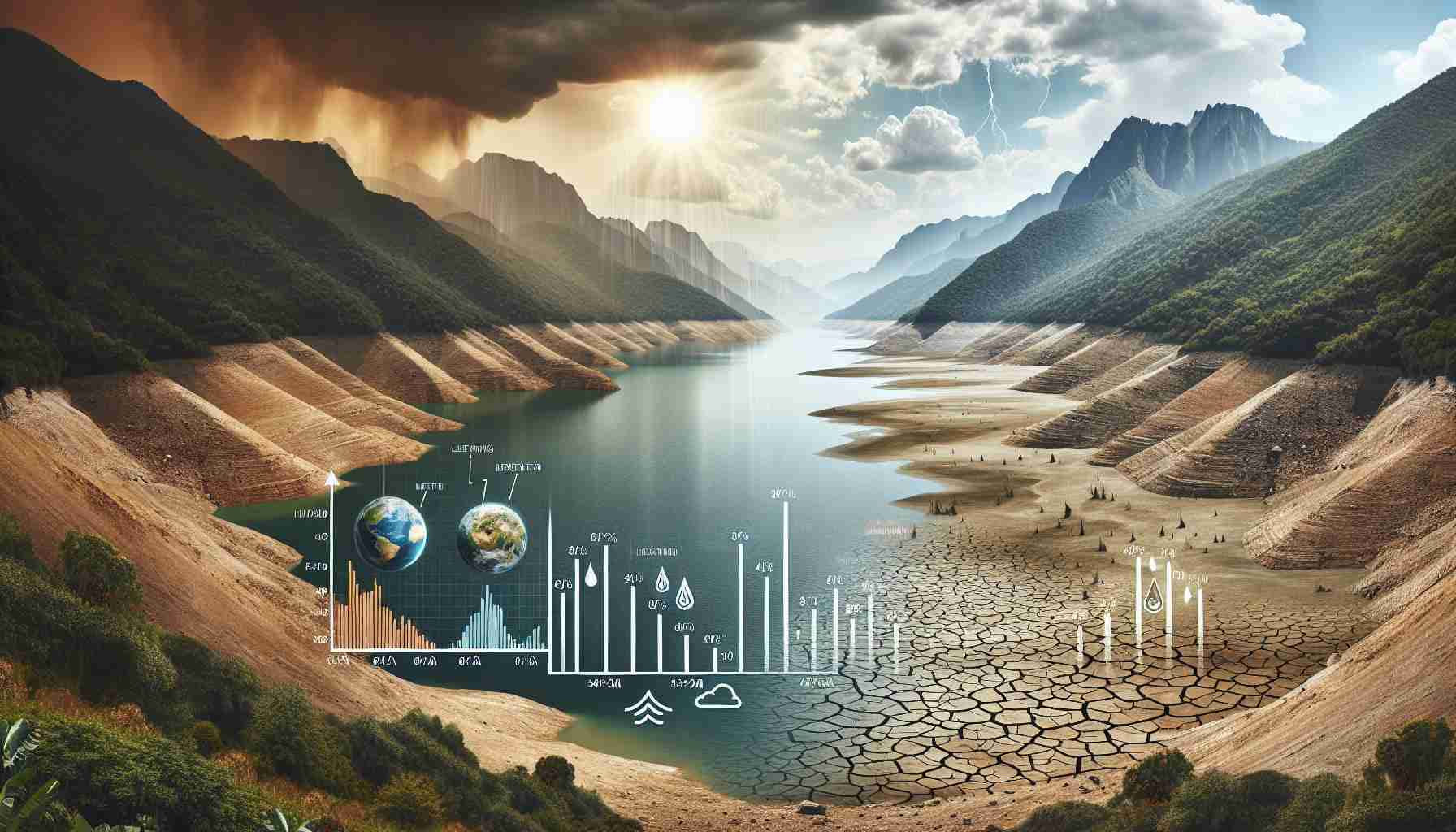 Create a realistic high-definition image that depicts the concept of a sharp decline in freshwater resources under a changing climate. Show an expansive lake that was once brimming with water, now partially dried up, revealing a vast expanse of parched earth. Illustrated infographics on one side showing the decrease in water levels over time. The environment should reflect a sense of rapid climate change, with a harsh sun position in a cloudy and stormy sky, unnaturally high temperatures, and a lack of foliage in the surroundings.