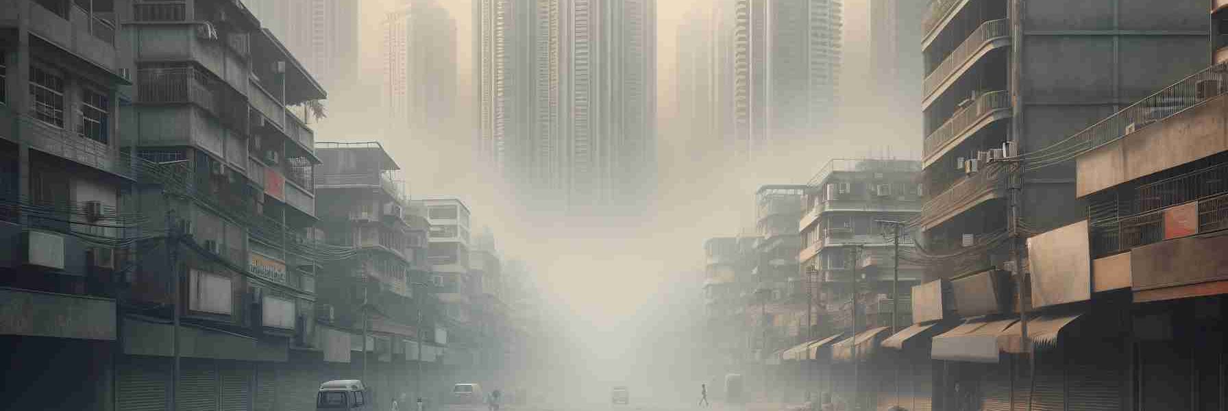 Generate a realistic, high-definition image that illustrates severe air pollution in a large, highly populated city. It should have thick, grey smog filling the sky, obstructing the view of the tall buildings in the background. Empty streets covered in dust and debris should be seen in the foreground, with people wearing masks and walking past closed shops.