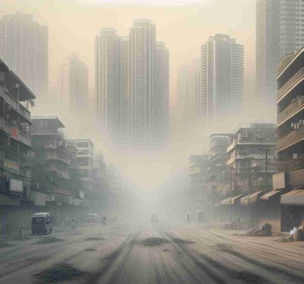 Generate a realistic, high-definition image that illustrates severe air pollution in a large, highly populated city. It should have thick, grey smog filling the sky, obstructing the view of the tall buildings in the background. Empty streets covered in dust and debris should be seen in the foreground, with people wearing masks and walking past closed shops.