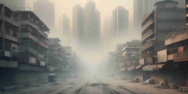 Generate a realistic, high-definition image that illustrates severe air pollution in a large, highly populated city. It should have thick, grey smog filling the sky, obstructing the view of the tall buildings in the background. Empty streets covered in dust and debris should be seen in the foreground, with people wearing masks and walking past closed shops.