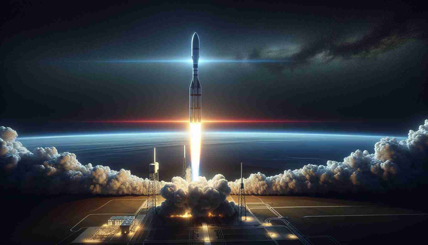 Create a realistic high-definition image that visually represents a shift in space launch dynamics. The picture should prominently feature a cutting-edge rocket launch. The rocket's advanced propulsion system is pushing boundaries by achieving unprecedented acceleration and altitude. The background showcases a deep-blue sky gradually darkening into the black void of space, illuminated by the bright trail of the rocket’s exhaust. Please also depict ground control infrastructure such as operation centers and communication equipment with personnel diligently overseeing the launch, further highlighting the human aspect of this monumental scientific endeavor.