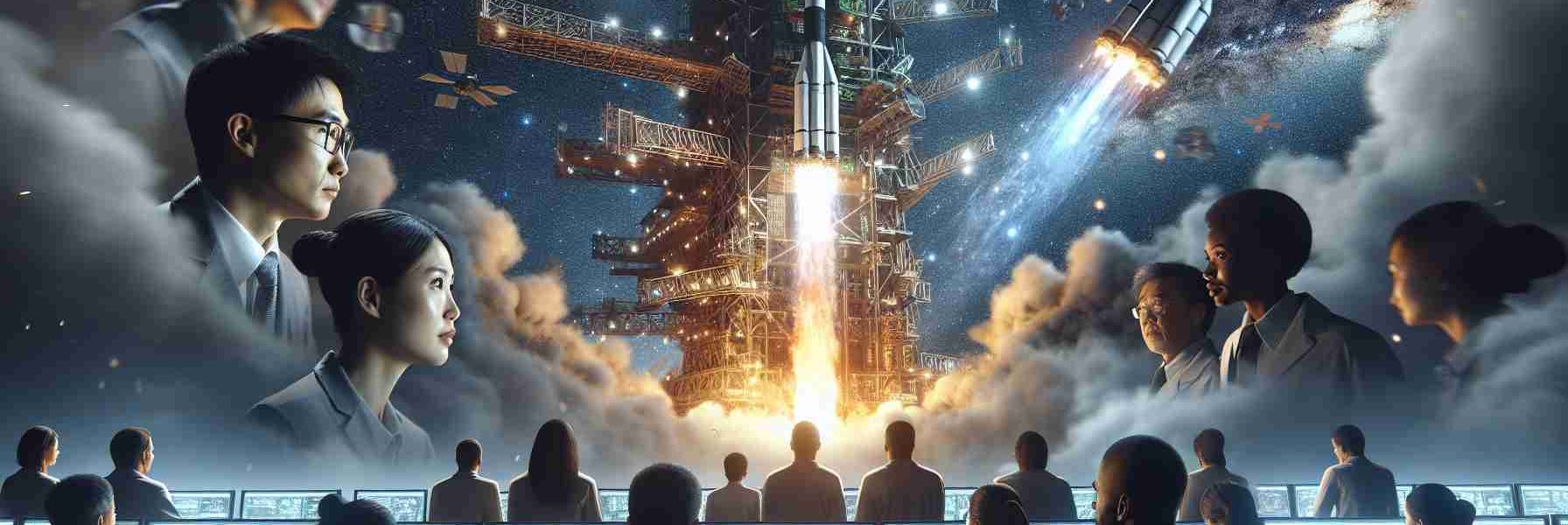 A high-definition, realistic portrayal of Japan fortifying its military communications through the launch of a fresh satellite into the cosmos. The backdrop sets in the night sky peppered with stars, where the gleaming satellite is mid-launch, leaving a trail of fire and smoke. On the ground, a dedicated team of mixed-gender engineers, including Caucasians, Hispanics, Asians, and Black personnel, eagerly monitoring the launch, their faces illuminated by the glow from screens showing complex graphs and data. Their expressions reflect the gravity of the mission yet hold a spark of excitement at this technological advancement.