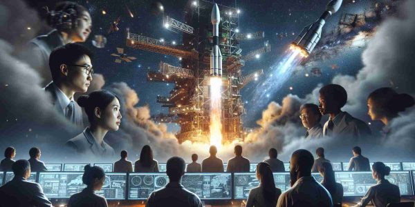 A high-definition, realistic portrayal of Japan fortifying its military communications through the launch of a fresh satellite into the cosmos. The backdrop sets in the night sky peppered with stars, where the gleaming satellite is mid-launch, leaving a trail of fire and smoke. On the ground, a dedicated team of mixed-gender engineers, including Caucasians, Hispanics, Asians, and Black personnel, eagerly monitoring the launch, their faces illuminated by the glow from screens showing complex graphs and data. Their expressions reflect the gravity of the mission yet hold a spark of excitement at this technological advancement.