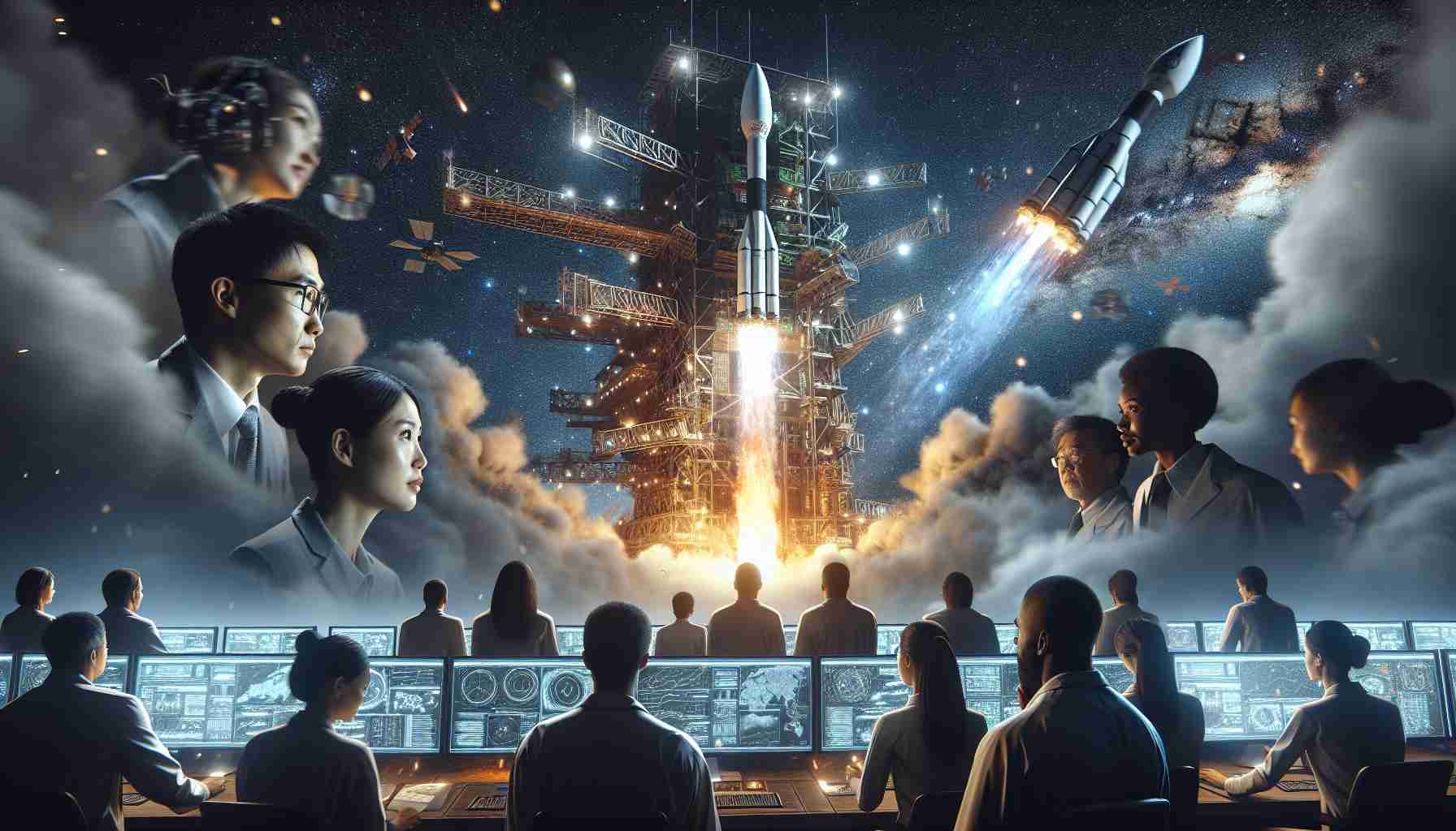 A high-definition, realistic portrayal of Japan fortifying its military communications through the launch of a fresh satellite into the cosmos. The backdrop sets in the night sky peppered with stars, where the gleaming satellite is mid-launch, leaving a trail of fire and smoke. On the ground, a dedicated team of mixed-gender engineers, including Caucasians, Hispanics, Asians, and Black personnel, eagerly monitoring the launch, their faces illuminated by the glow from screens showing complex graphs and data. Their expressions reflect the gravity of the mission yet hold a spark of excitement at this technological advancement.