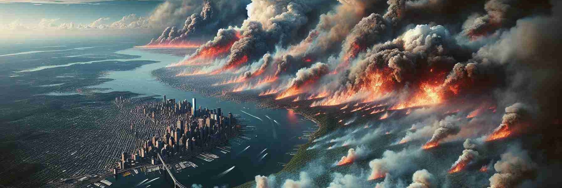 Realistic high definition image depicting a significant wildfire rapidly spreading across a region characterized by elements of both New Jersey and New York terrain. Frantic flames consume the leafy forest regions and city edges, plumes of billowing smoke rise into the monolithic sky, an unsettling testament to nature's wrath.