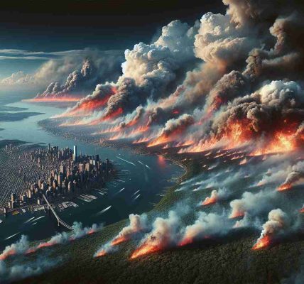 Realistic high definition image depicting a significant wildfire rapidly spreading across a region characterized by elements of both New Jersey and New York terrain. Frantic flames consume the leafy forest regions and city edges, plumes of billowing smoke rise into the monolithic sky, an unsettling testament to nature's wrath.