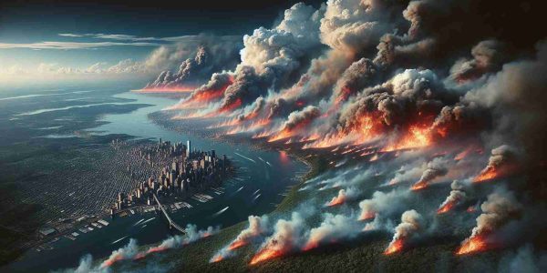 Realistic high definition image depicting a significant wildfire rapidly spreading across a region characterized by elements of both New Jersey and New York terrain. Frantic flames consume the leafy forest regions and city edges, plumes of billowing smoke rise into the monolithic sky, an unsettling testament to nature's wrath.