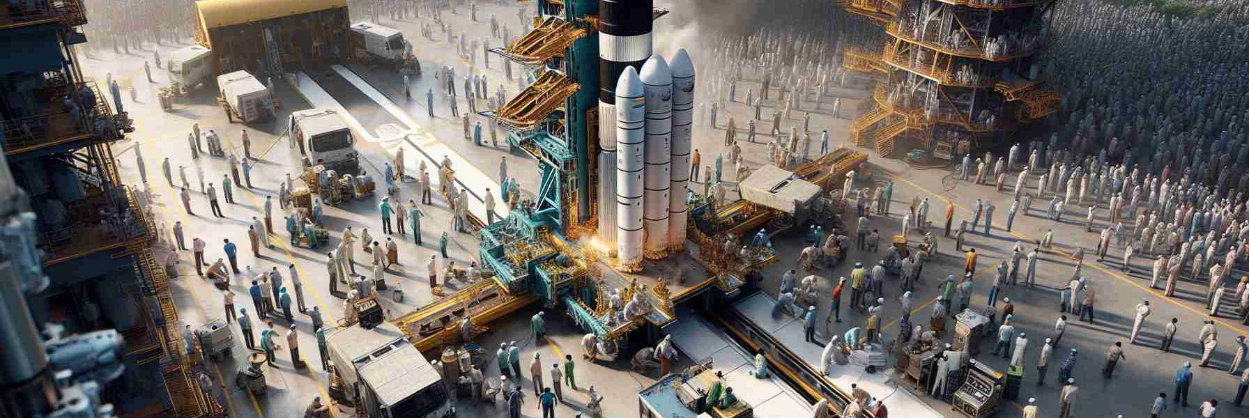 A hyperrealistic high-definition image of the Indian Space Research Organisation (ISRO) meticulously preparing for a groundbreaking satellite launch. Depict a flurry of activity at the launch site, with engineers and scientists of various genders and descents like Caucasian, Hispanic, Black, Middle-Eastern, South Asian and White, engaged in last-minute checks and mission-critical tasks. The satellite is encased on top of the launch vehicle, ready to embark on its voyage into the vastness of space. Focus on the drama, tension, and excitement that pervades such a monumental event.