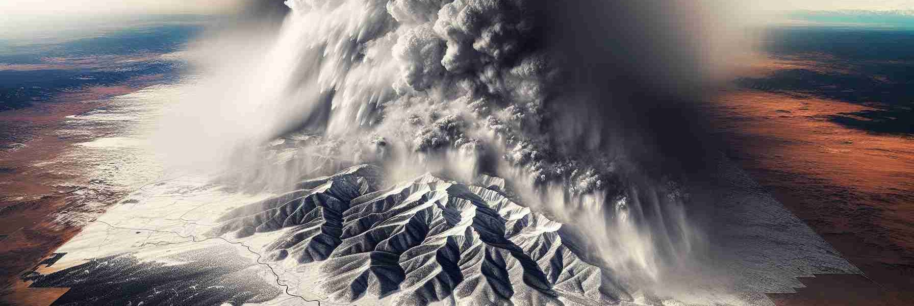 Create a realistic high-definition image of a record-breaking snowstorm blanketing regions. One portion of the image should depict Colorado's distinct mountainous landscape, and the other should depict New Mexico's known dry and desert terrain. The snowstorm should be shown intensively covering these two states with an immense downpour of white snow, obscuring much of the landscape details beneath it. The skies should be filled with gray, stormy clouds dispersing the snow, creating a beautiful yet powerful contrast against the normally scenic landscapes.