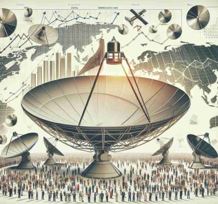 Create a detailed, high-definition image that showcases the rapidly expanding VSAT (Very Small Aperture Terminal) market. The image should include a variety of VSAT devices, satellite dishes of various sizes, pointing skywards. In addition, incorporate several elements to depict 'expansion,' such as graphs with upward trends, the world map with strategic locations marked, and crowds of diverse people, symbolizing consumers from different descents like Caucasian, Hispanic, Black, Middle-Eastern, South Asian, and White.