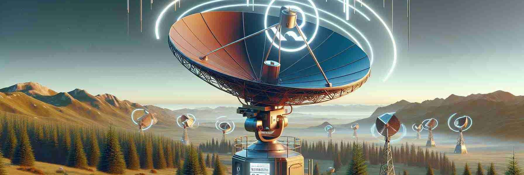 Render a detailed and realistic high-definition image of a satellite internet service catered towards remote, rural areas. Include visual cues like a dish antenna set amidst scenic lands, the logo of a fictional company named 'Pioneers', and signals emanating from the antenna to represent the internet service. Add a background hinting at the isolation of the rural area, with elements like distant mountains or forests to emphasize the remoteness of the location.