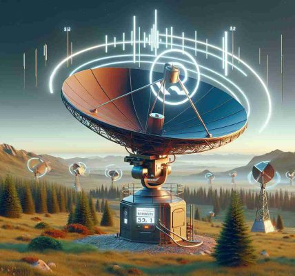 Render a detailed and realistic high-definition image of a satellite internet service catered towards remote, rural areas. Include visual cues like a dish antenna set amidst scenic lands, the logo of a fictional company named 'Pioneers', and signals emanating from the antenna to represent the internet service. Add a background hinting at the isolation of the rural area, with elements like distant mountains or forests to emphasize the remoteness of the location.