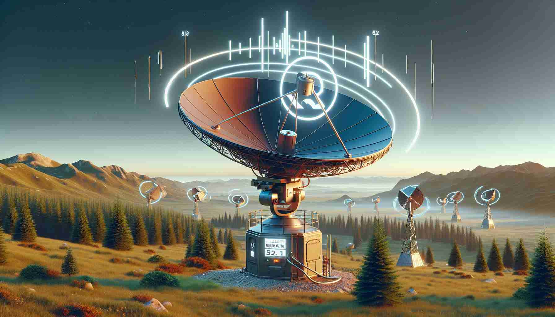 Render a detailed and realistic high-definition image of a satellite internet service catered towards remote, rural areas. Include visual cues like a dish antenna set amidst scenic lands, the logo of a fictional company named 'Pioneers', and signals emanating from the antenna to represent the internet service. Add a background hinting at the isolation of the rural area, with elements like distant mountains or forests to emphasize the remoteness of the location.