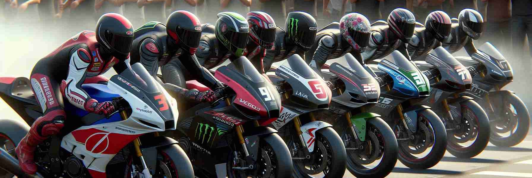 Generate an ultra high-resolution, photorealistic image of significantly diverse satellite racing teams. This scene shows riders of different genders and ethnicities, including Hispanic, Black, South Asian, Caucasian, and Middle-Eastern. Each rider is geared up and on their motorcycles, poised on the starting line with steely determination on their faces. They are defying tradition with their diverse composition and all are ambitiously striving for the much coveted championship glory. Spectators in the surroundings are cheering on, filled with anticipation and excitement.