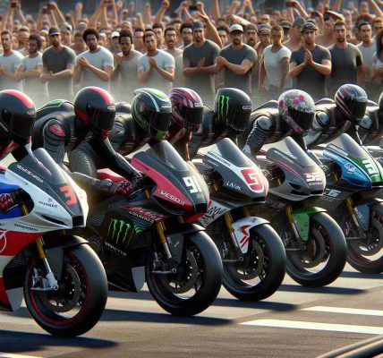 Generate an ultra high-resolution, photorealistic image of significantly diverse satellite racing teams. This scene shows riders of different genders and ethnicities, including Hispanic, Black, South Asian, Caucasian, and Middle-Eastern. Each rider is geared up and on their motorcycles, poised on the starting line with steely determination on their faces. They are defying tradition with their diverse composition and all are ambitiously striving for the much coveted championship glory. Spectators in the surroundings are cheering on, filled with anticipation and excitement.