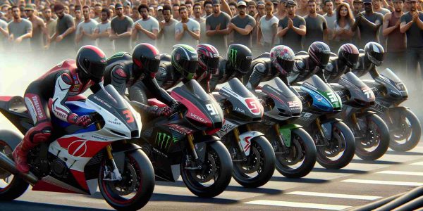 Generate an ultra high-resolution, photorealistic image of significantly diverse satellite racing teams. This scene shows riders of different genders and ethnicities, including Hispanic, Black, South Asian, Caucasian, and Middle-Eastern. Each rider is geared up and on their motorcycles, poised on the starting line with steely determination on their faces. They are defying tradition with their diverse composition and all are ambitiously striving for the much coveted championship glory. Spectators in the surroundings are cheering on, filled with anticipation and excitement.