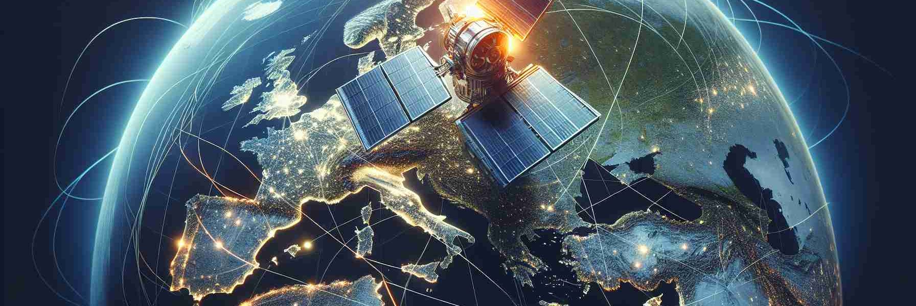 Generate a high-definition, realistic image illustrating a new era of satellite connectivity in Europe. The satellite should be sleek and modern, with clear indicators of its advanced technology. Focus on Europe being covered by the strong signals from this satellite, showcasing a well-connected and technologically advanced continent.