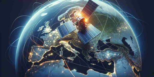 Generate a high-definition, realistic image illustrating a new era of satellite connectivity in Europe. The satellite should be sleek and modern, with clear indicators of its advanced technology. Focus on Europe being covered by the strong signals from this satellite, showcasing a well-connected and technologically advanced continent.